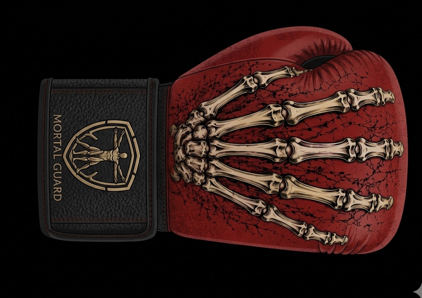 Gants de boxe MG1 Mortal Guard — profil, cuir rouge, main squelettique dorée, poignet noir