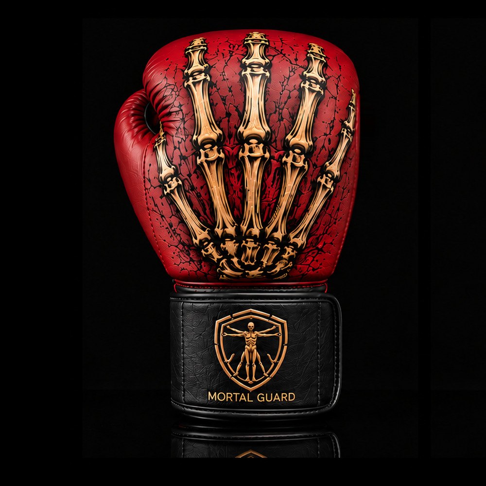 Gants de boxe MG1 Mortal Guard — cuir rouge, main squelettique dorée sur les jointures, poignet noir