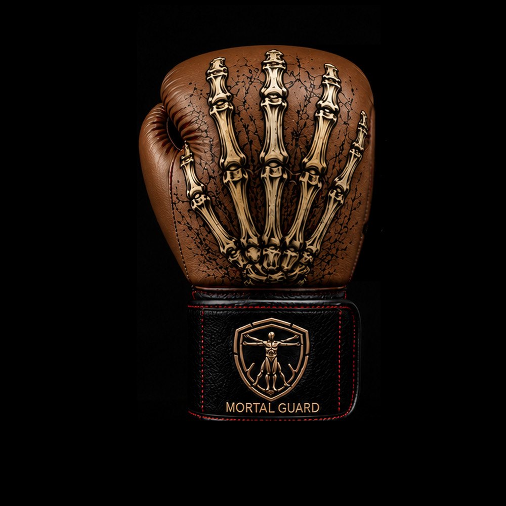MG3 Mortal Guard boxing gloves — knuckles, cognac leather, gold skeletal hand, black cuff